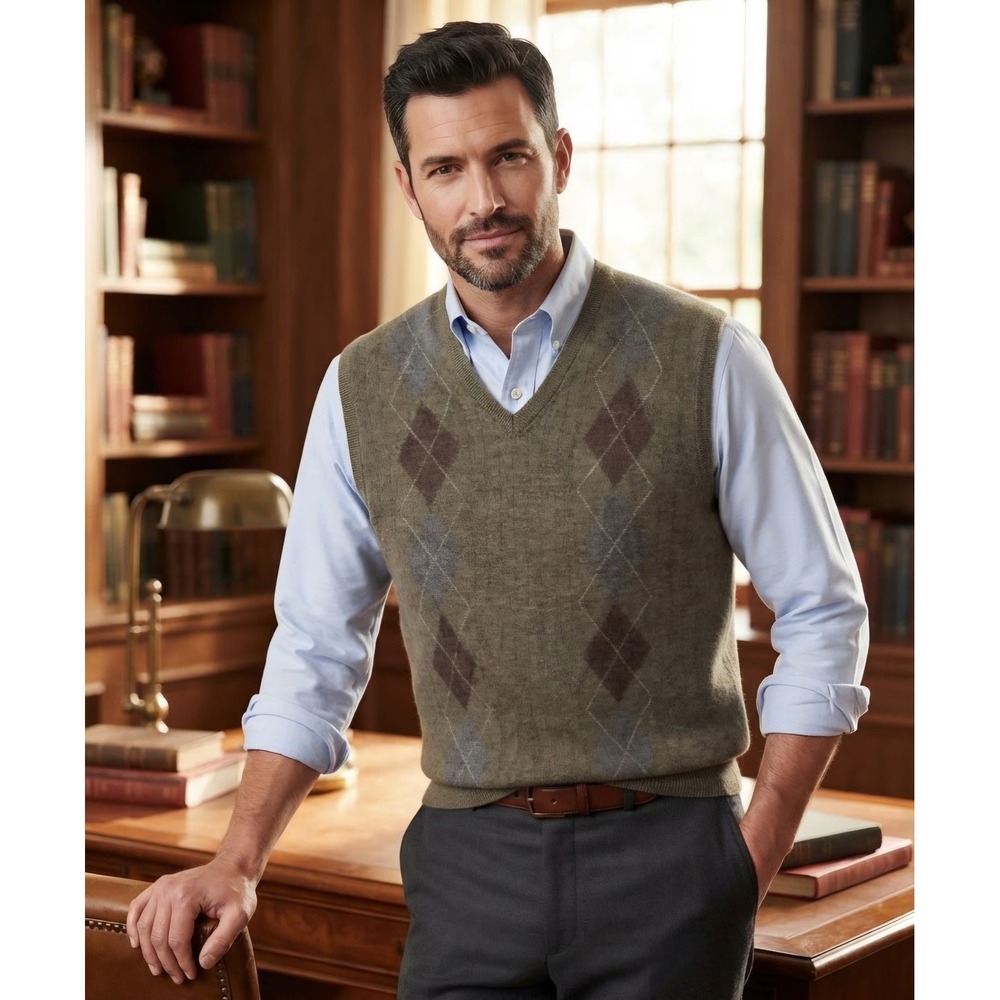 Brooks Brothers Mens XL Extra Fine Italian Merino Wool Argyle Sweater Vest Olive